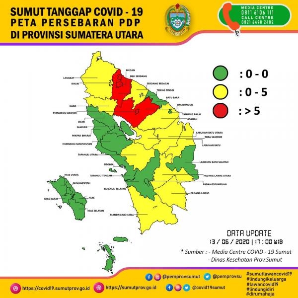Peta Persebaran PDP di Provinsi Sumatera Utara 13 Juni 2020 